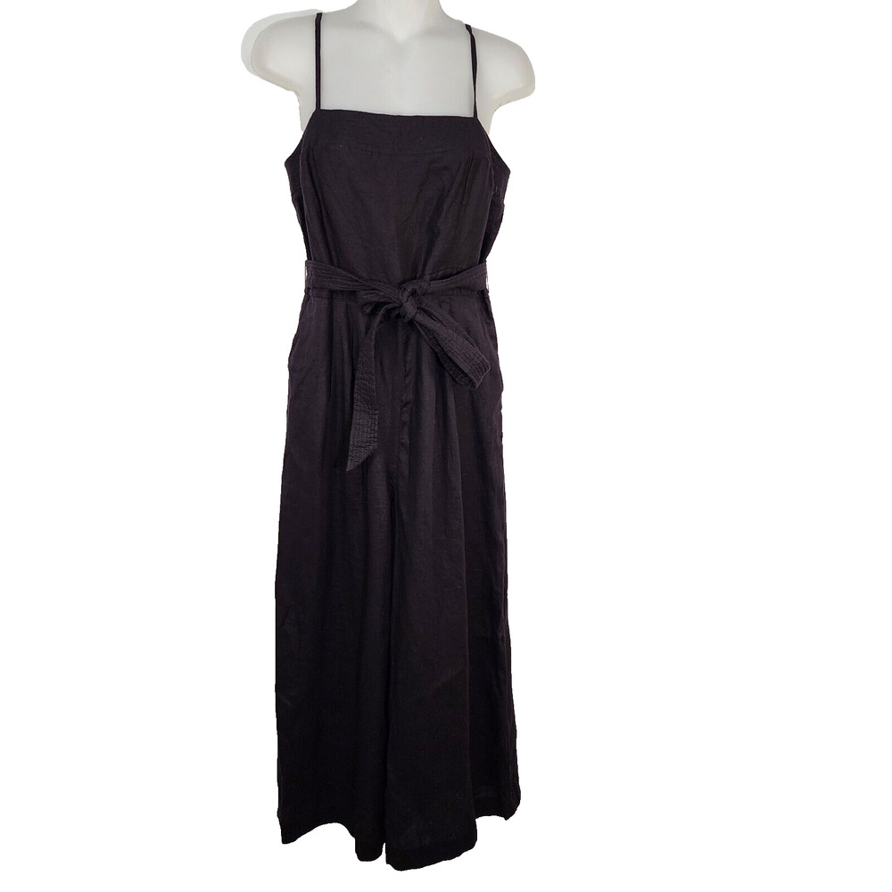 J.CREW Womens Jumpsuit Size 6T Black Cropped Wide Leg Tie Waist Linen Pleated